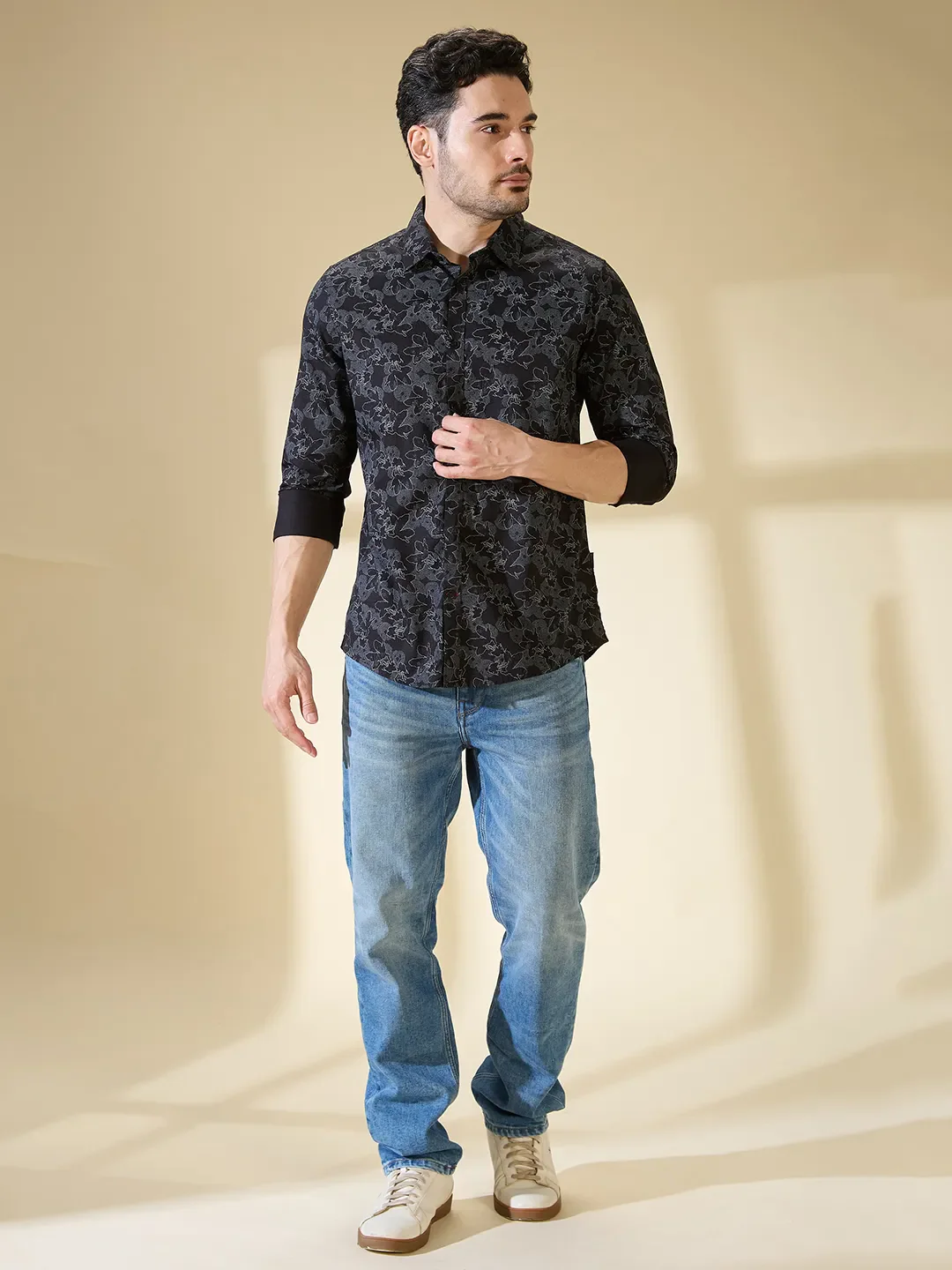 Black Slim Straight Fit Regular Collar Long Sleeves Men's Shirt by Being Human Clothing - Image 2