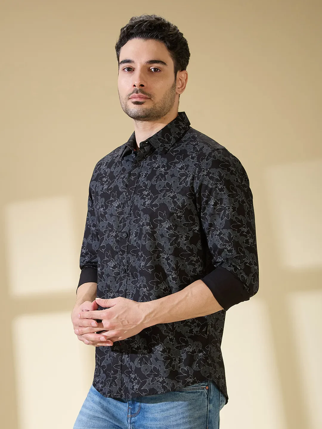 Black Slim Straight Fit Regular Collar Long Sleeves Men's Shirt by Being Human Clothing - Image 4