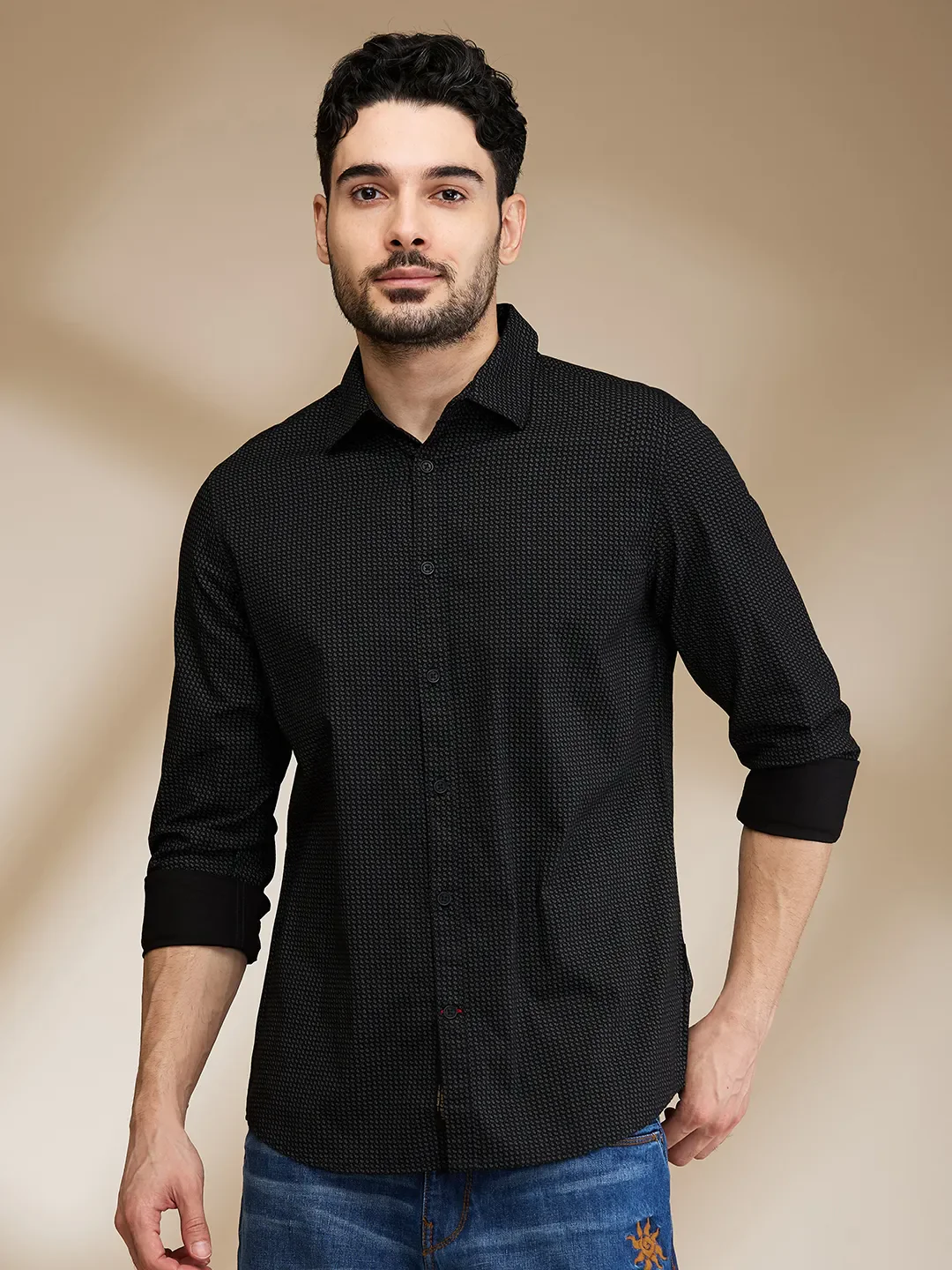 Black Slim Straight Fit Regular Collar Long Sleeves Men's Shirt by Being Human Clothing