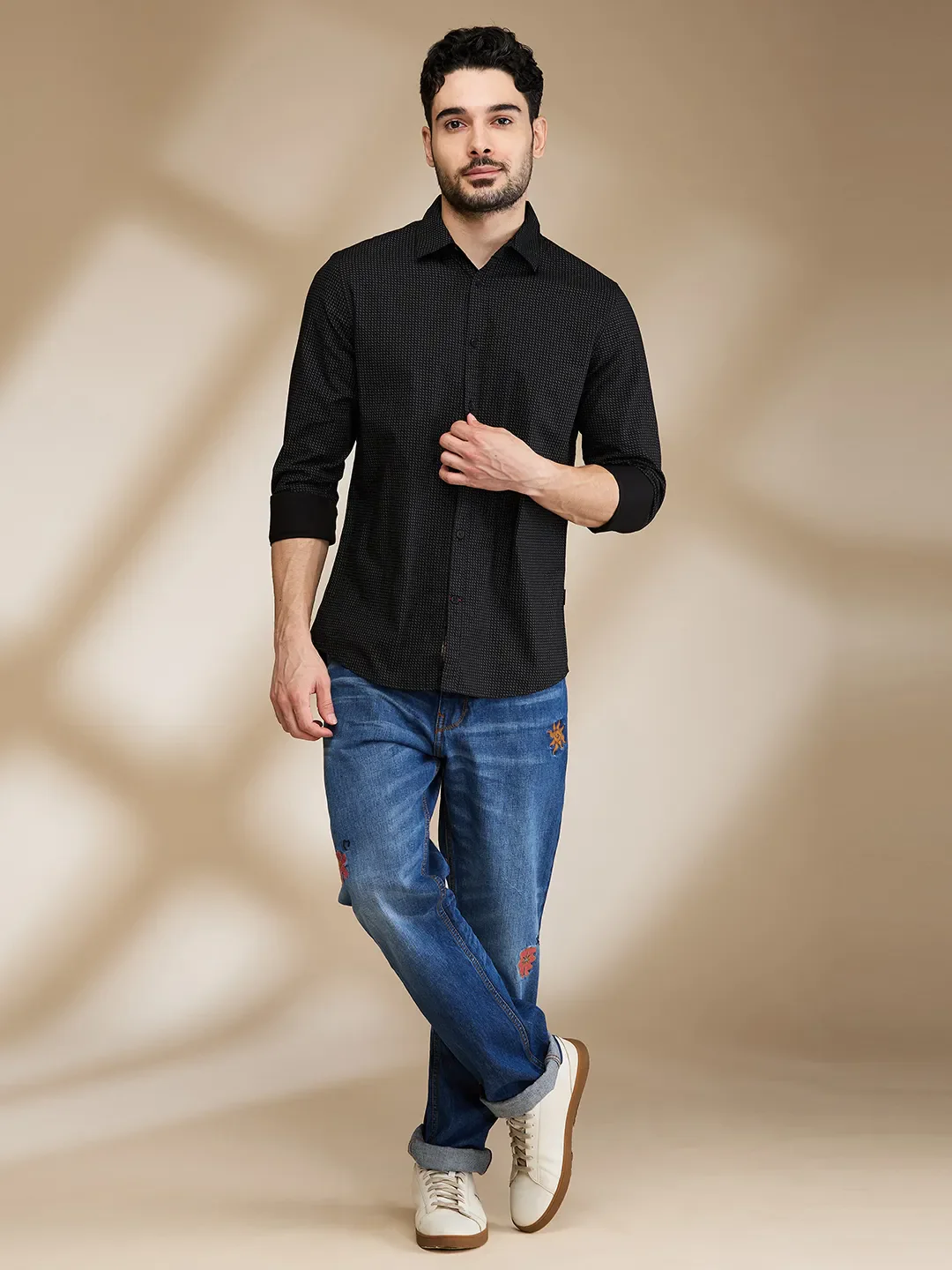 Black Slim Straight Fit Regular Collar Long Sleeves Men's Shirt by Being Human Clothing - Image 2