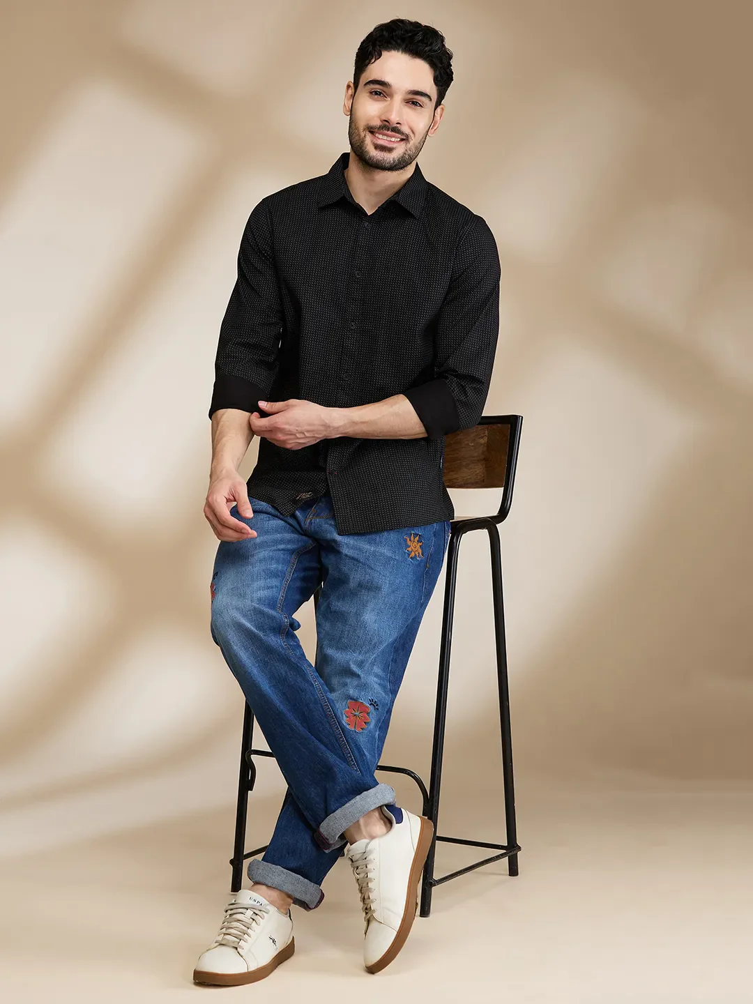 Black Slim Straight Fit Regular Collar Long Sleeves Men's Shirt by Being Human Clothing - Image 6