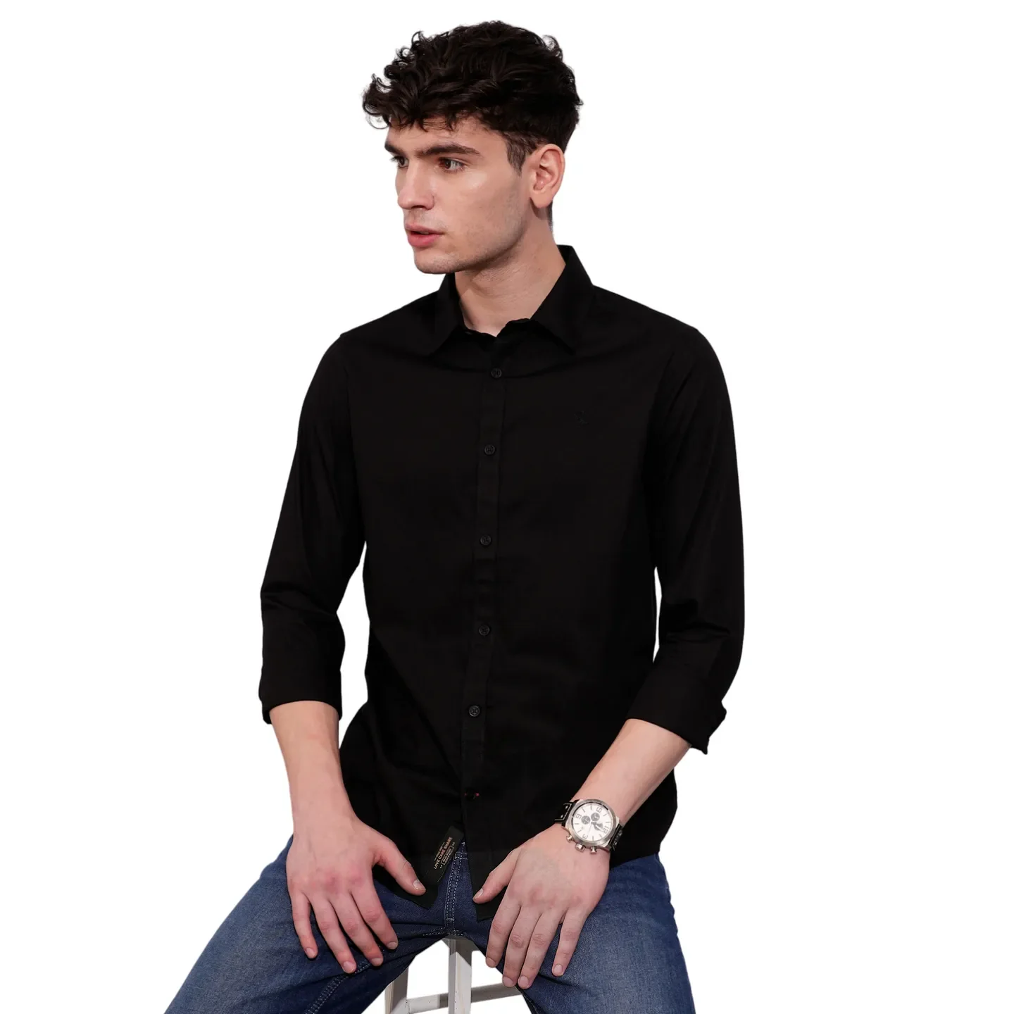 Black Slim Straight Fit Regular Collar Long Sleeves Men's Shirt by Being Human Clothing - Image 6