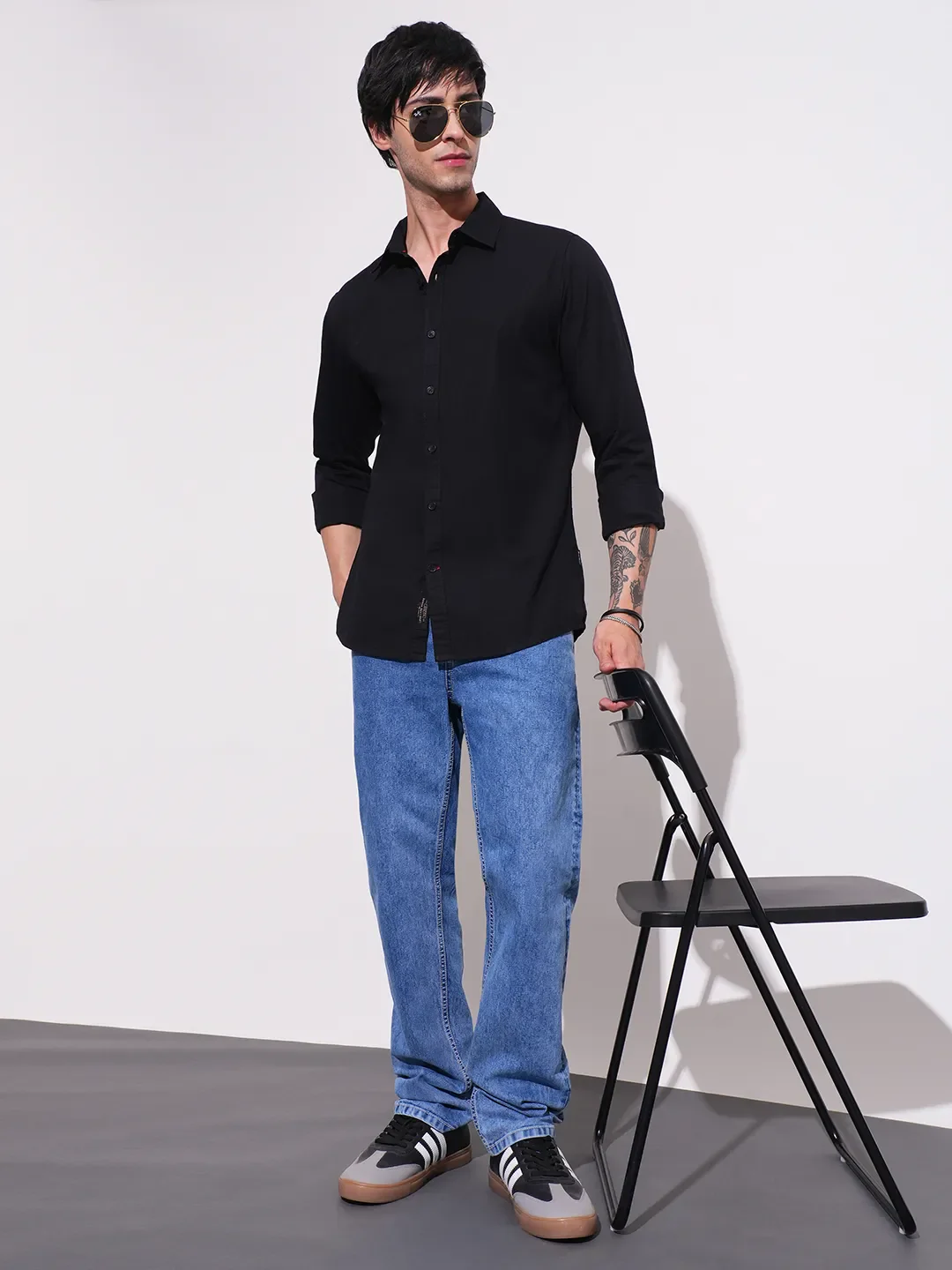 Black Slim Straight Fit Regular Collar Long Sleeves Men's Shirt by Being Human Clothing - Image 4