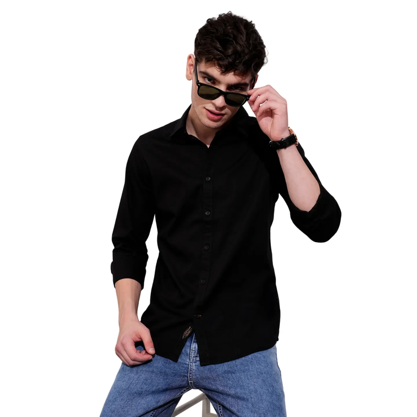 Black Slim Straight Fit Regular Collar Long Sleeves Men's Shirt by Being Human Clothing - Image 2