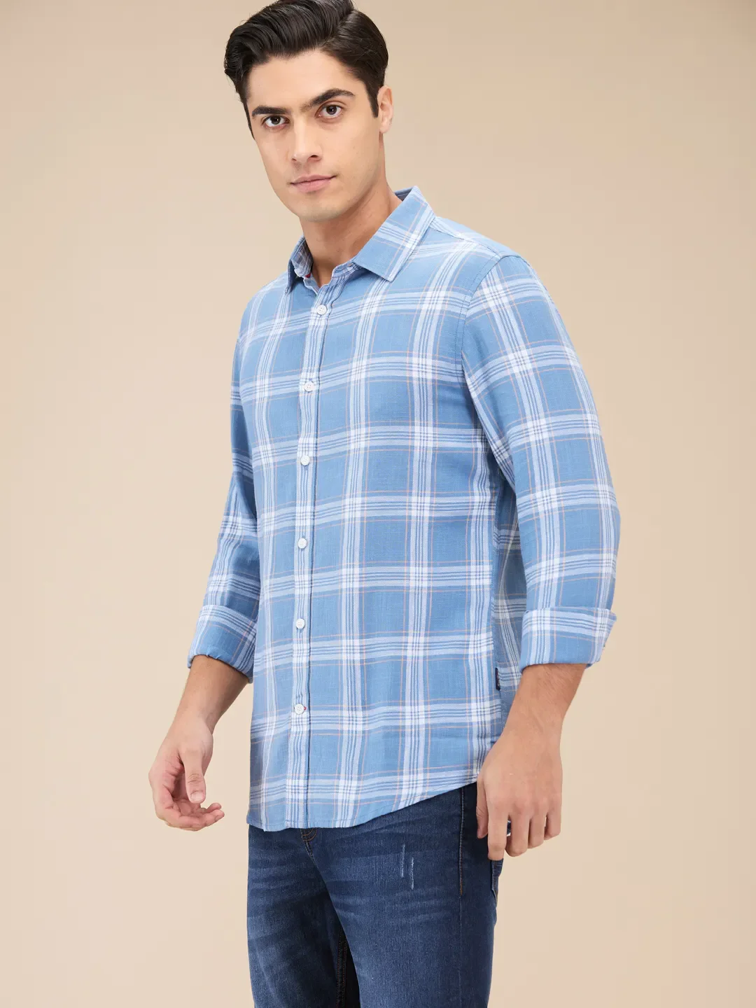 Blue Slim Straight Fit Regular Collar Long Sleeves Men's Shirt by Being Human Clothing - Image 4
