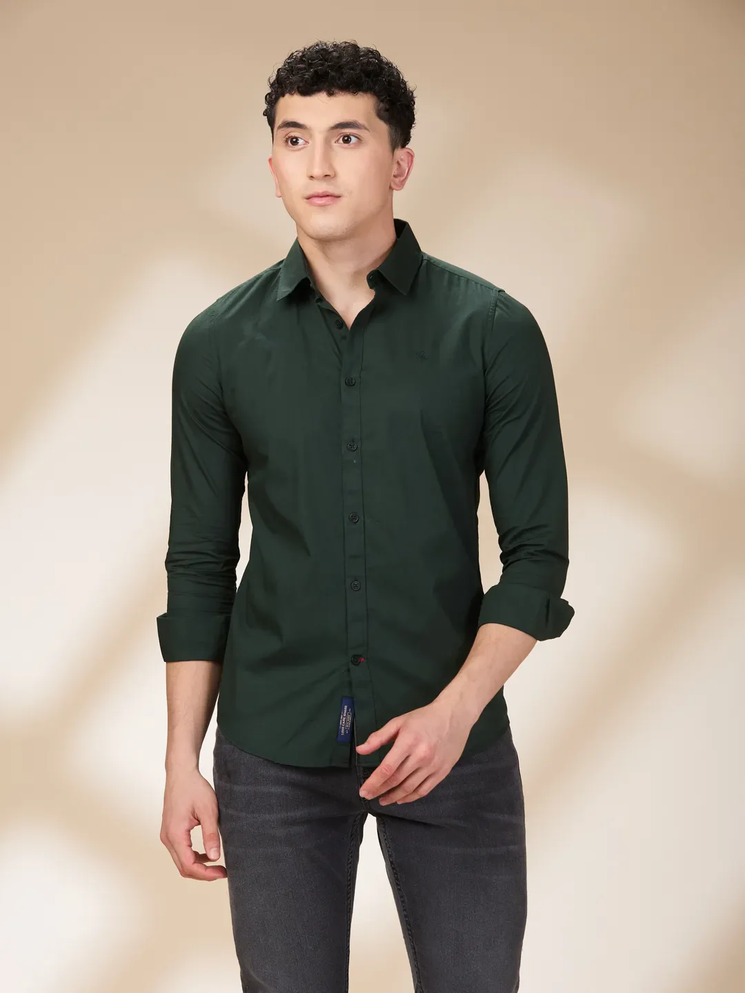 Bottle Green Slim Fit Regular Collar Men's Shirt by Being Human Clothing