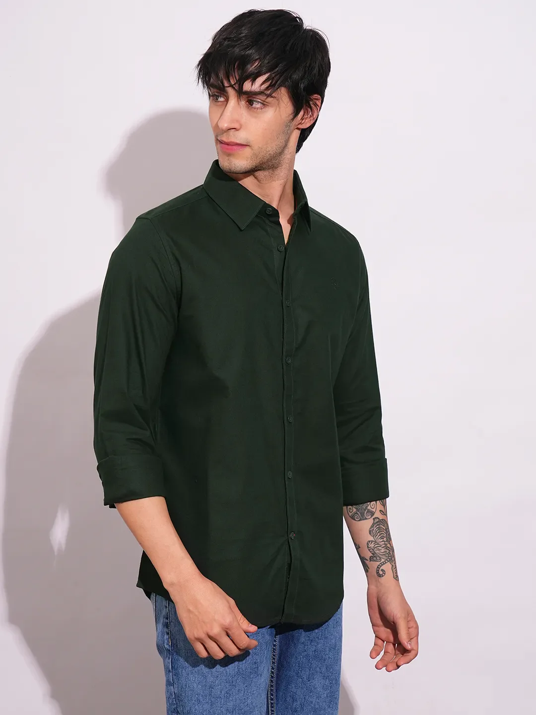 Green Slim Straight Fit Regular Collar Long Sleeves Men's Shirt by Being Human Clothing - Image 2