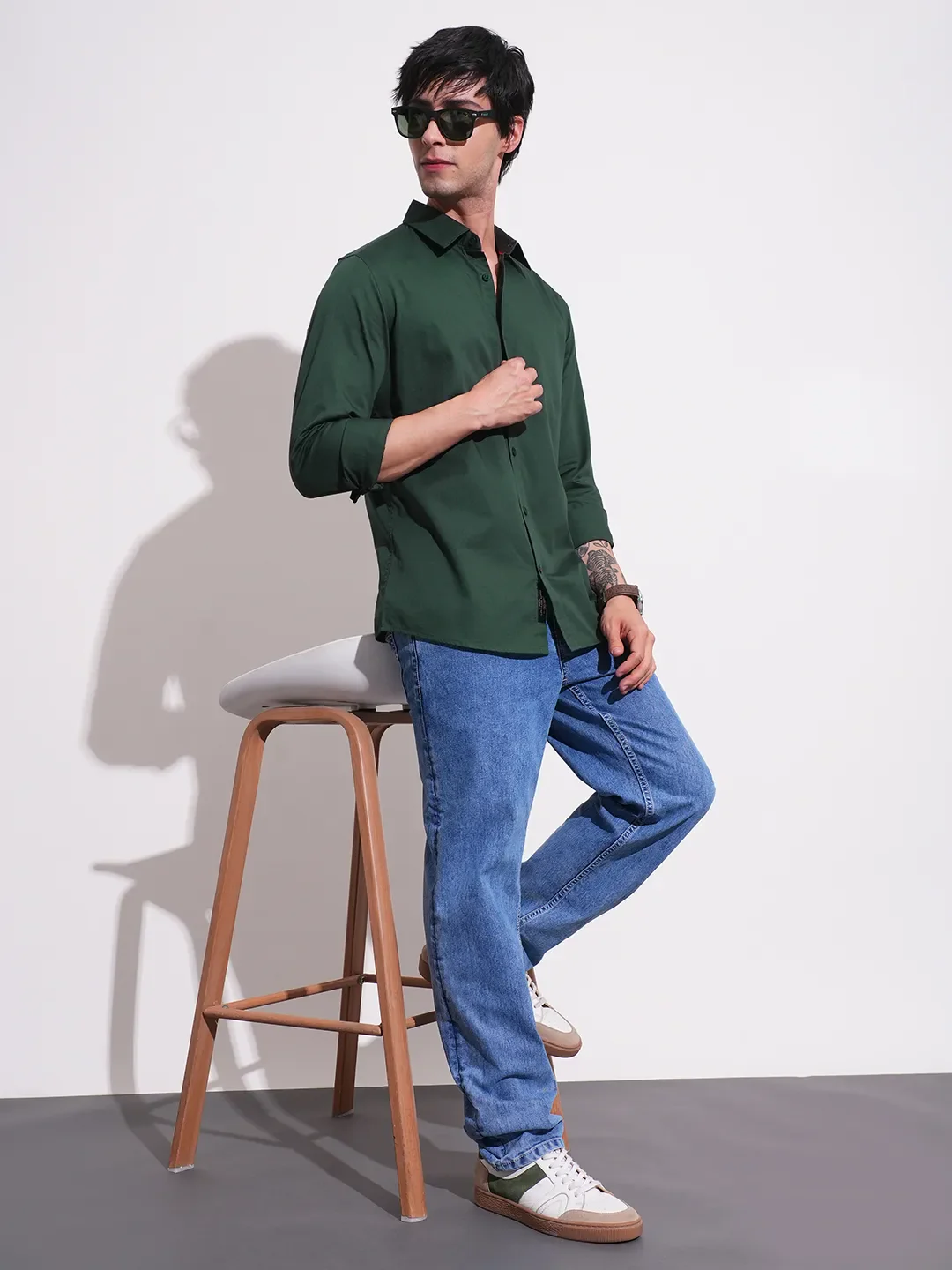 Green Slim Straight Fit Regular Collar Long Sleeves Men's Shirt by Being Human Clothing - Image 4