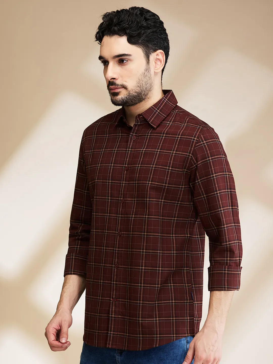 Brown Slim Straight Fit Regular Collar Long Sleeves Men's Shirt by Being Human Clothing - Image 4