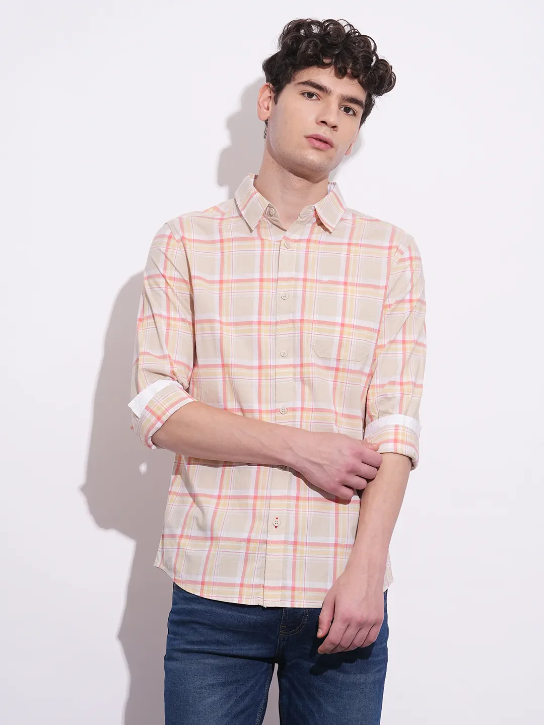Cream Regular Fit Regular Collar Men's Shirt by Being Human Clothing