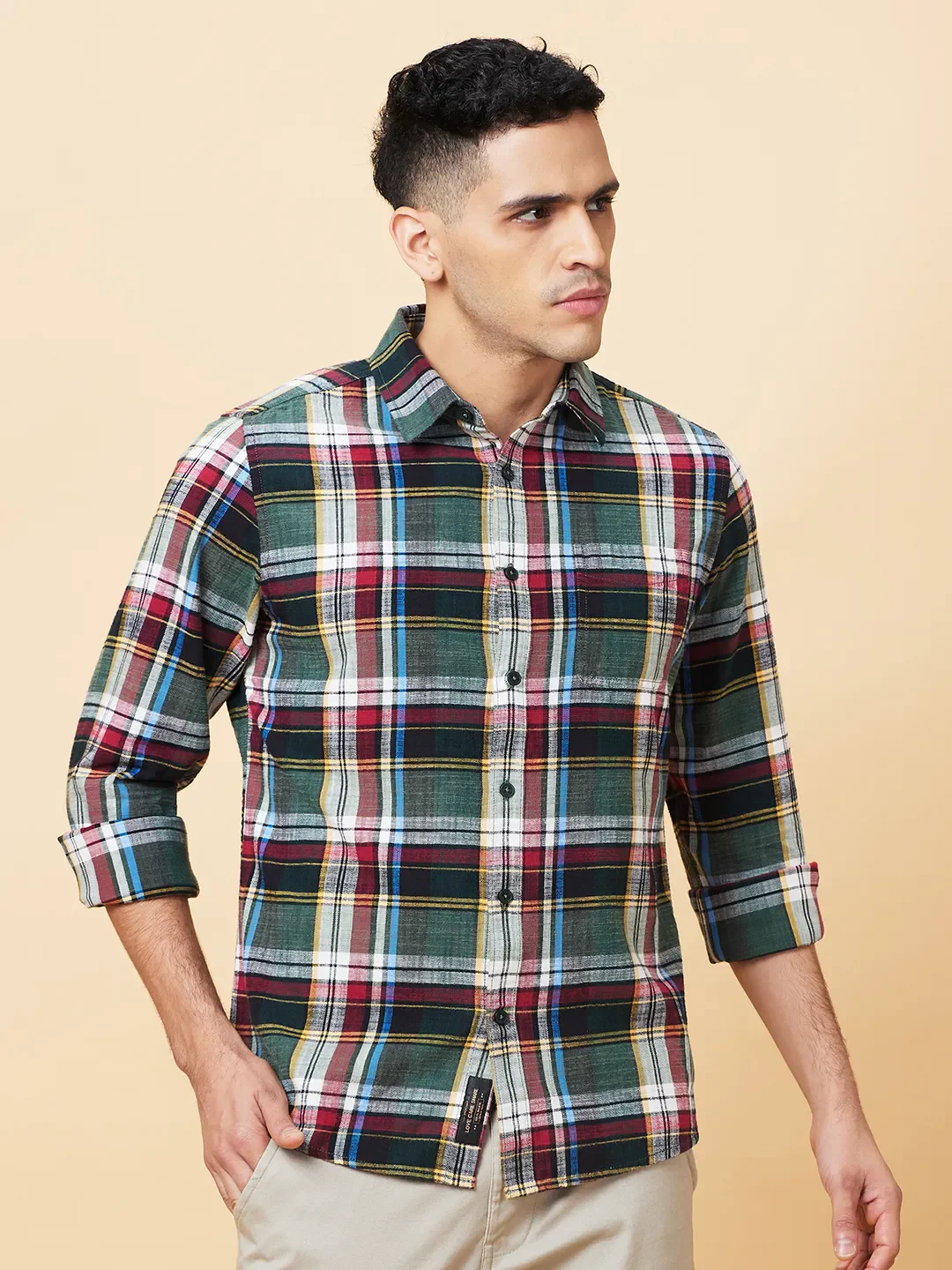 Green Slim Straight Fit Regular Collar Long Sleeves Men's Shirt by Being Human Clothing