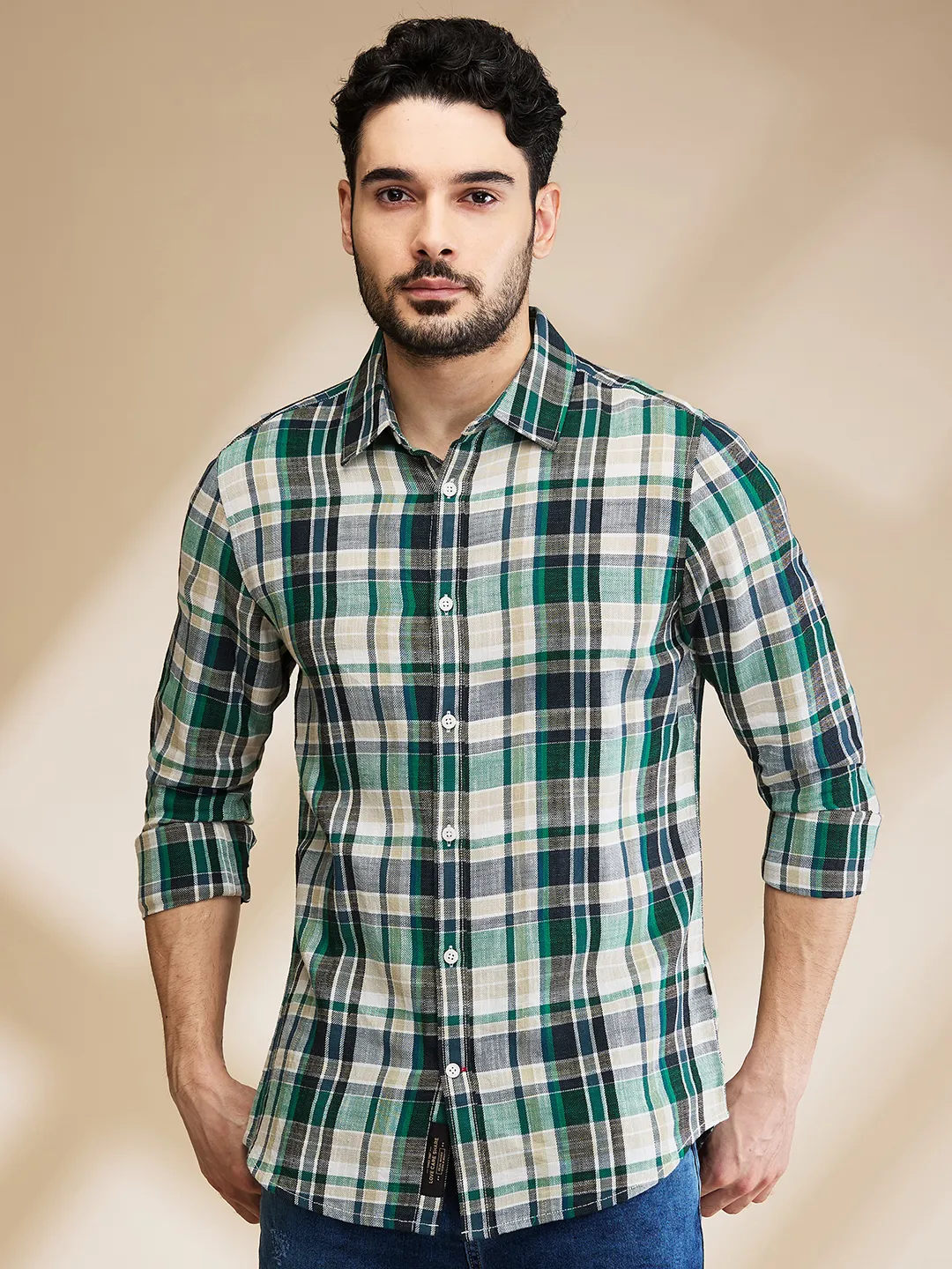 Dark Green Slim Fit Regular Collar Men's Shirt by Being Human Clothing