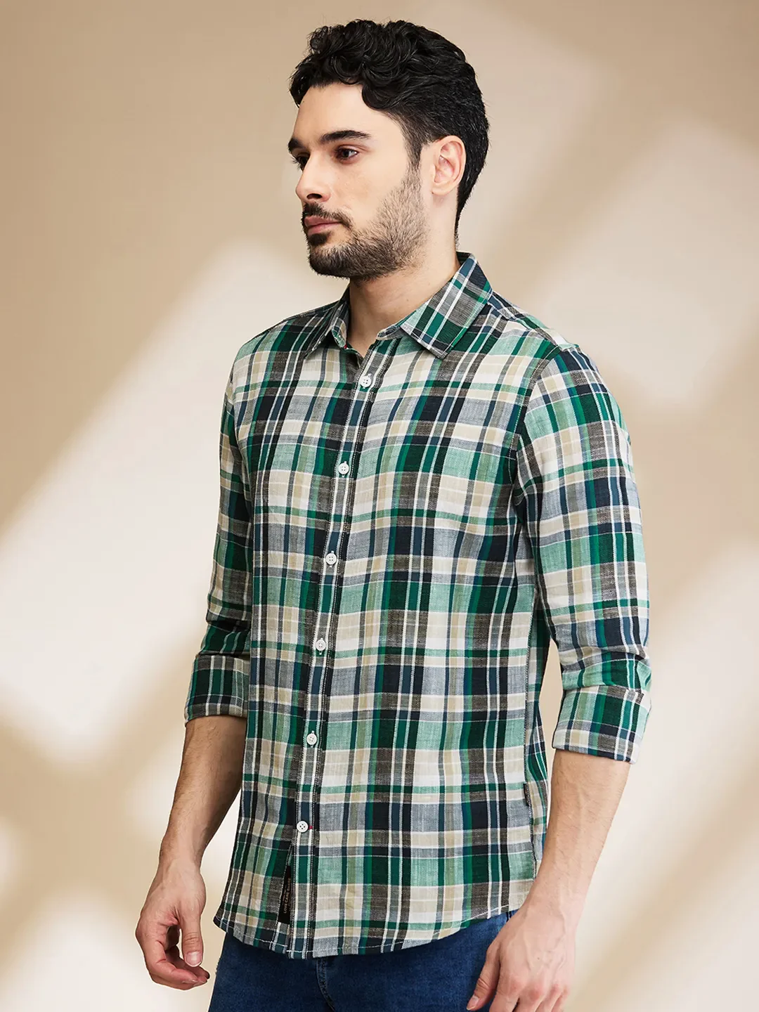 Dark Green Slim Fit Regular Collar Men's Shirt by Being Human Clothing - Image 4