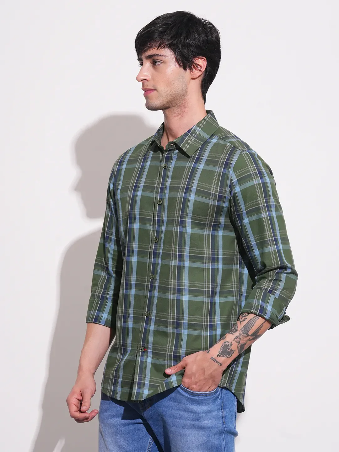 Dark Green Slim Fit Regular Collar Men's Shirt by Being Human Clothing - Image 2