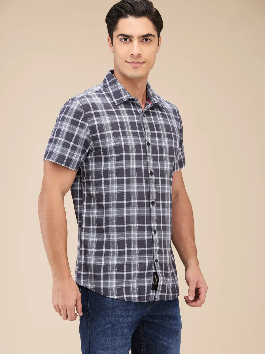 Grey Slim Straight Fit Regular Collar Short Sleeves Men's Shirt by Being Human Clothing - Image 4
