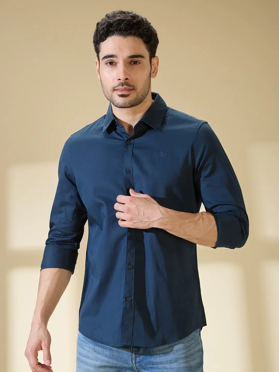 Green Slim Straight Fit Regular Collar Long Sleeves Men's Shirt by Being Human Clothing