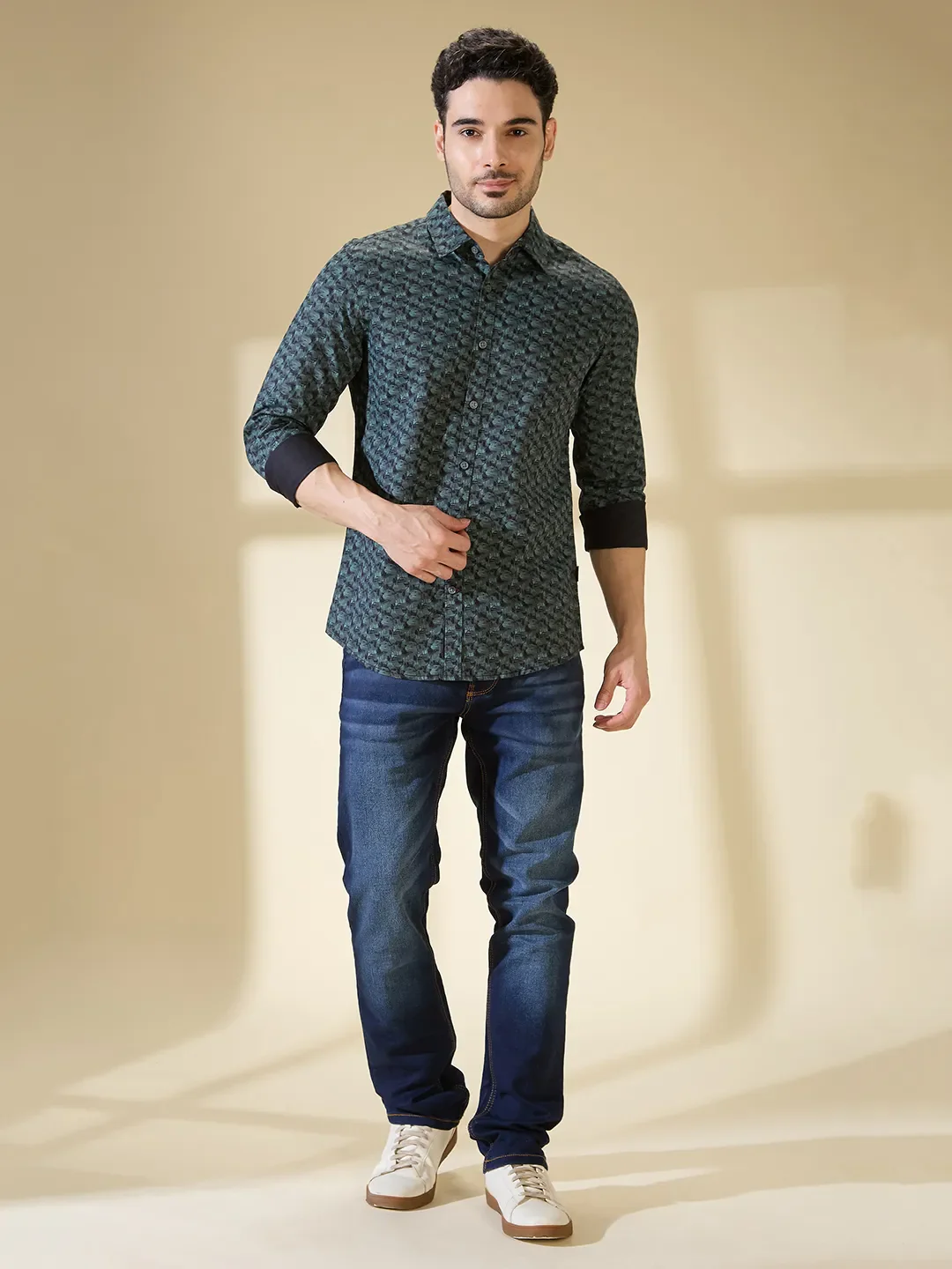 Olive Slim Straight Fit Regular Collar Long Sleeves Men's Shirt by Being Human Clothing - Image 2