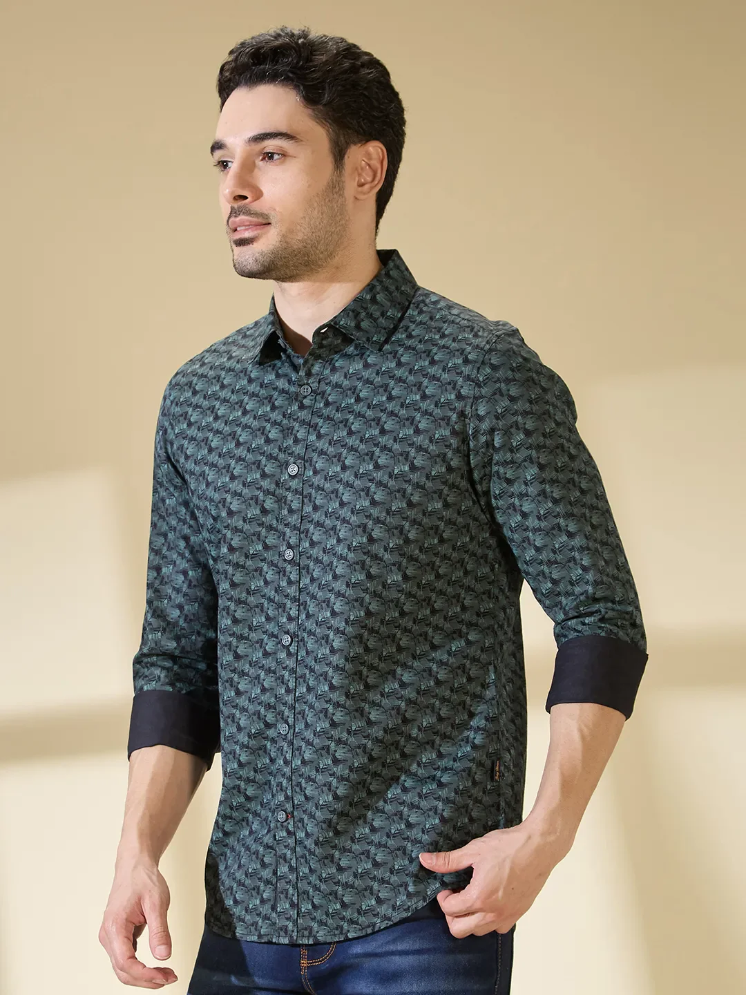 Olive Slim Straight Fit Regular Collar Long Sleeves Men's Shirt by Being Human Clothing - Image 4