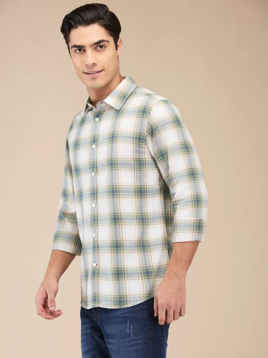 Beige Slim Straight Fit Regular Collar Long Sleeves Men's Shirt by Being Human Clothing - Image 4