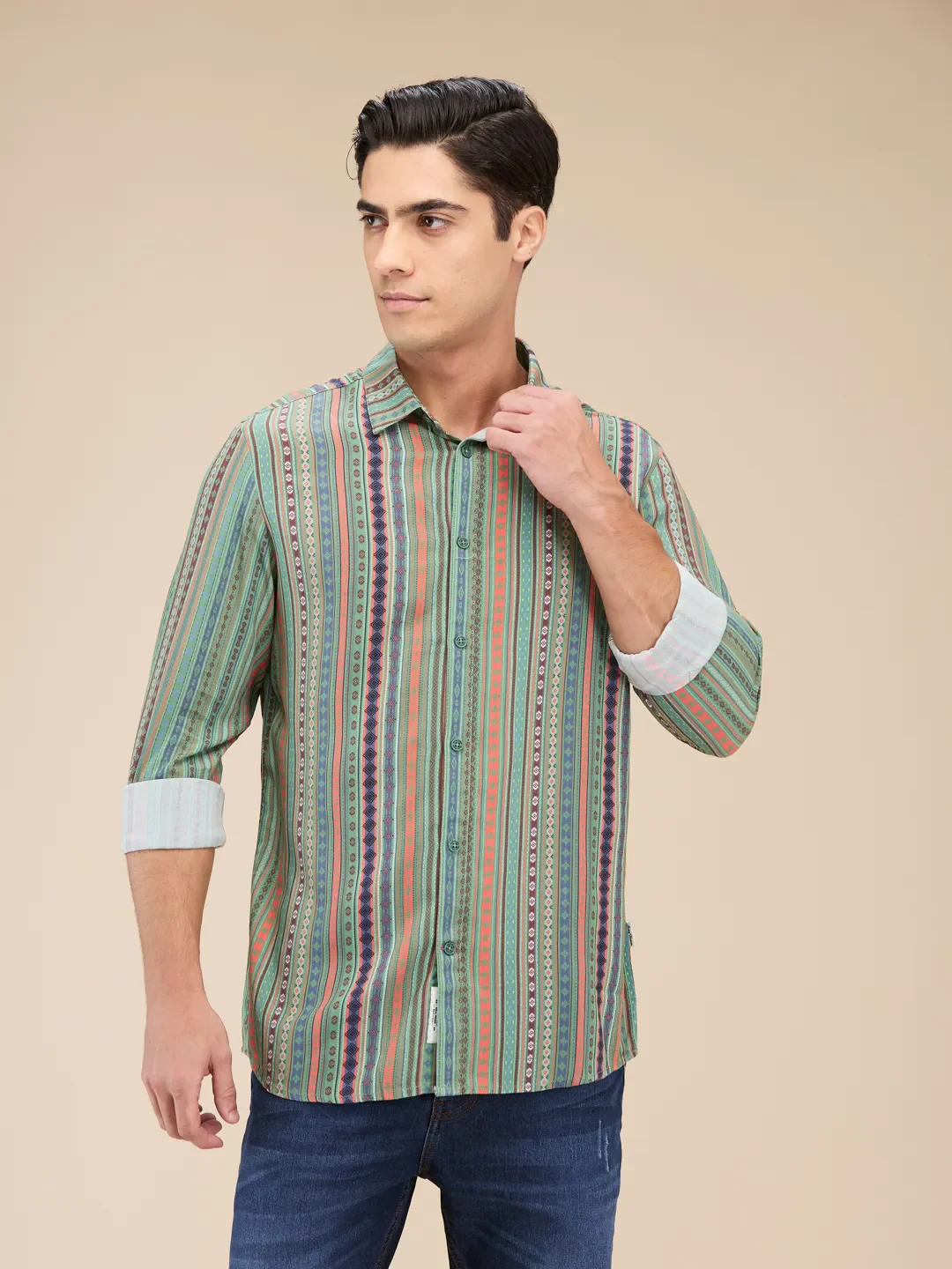 Green Slim Straight Fit Regular Collar Long Sleeves Men's Shirt by Being Human Clothing
