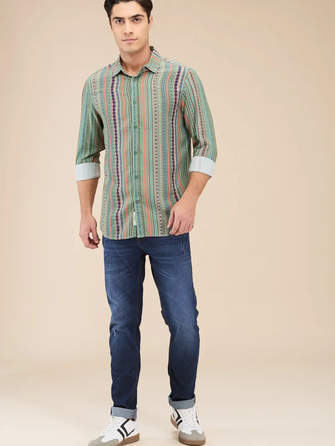 Green Slim Straight Fit Regular Collar Long Sleeves Men's Shirt by Being Human Clothing - Image 2