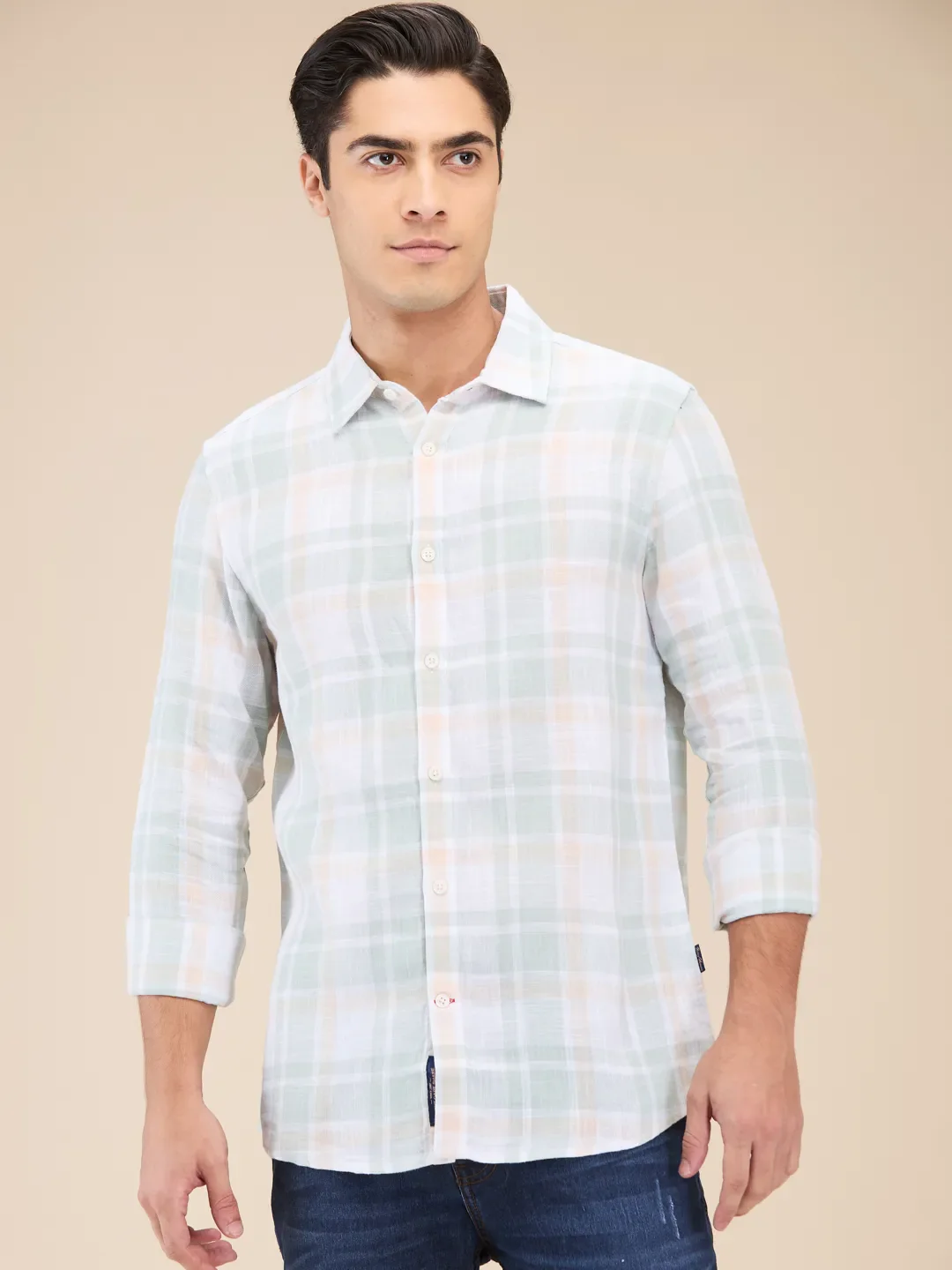 Green Slim Straight Fit Regular Collar Long Sleeves Men's Shirt by Being Human Clothing