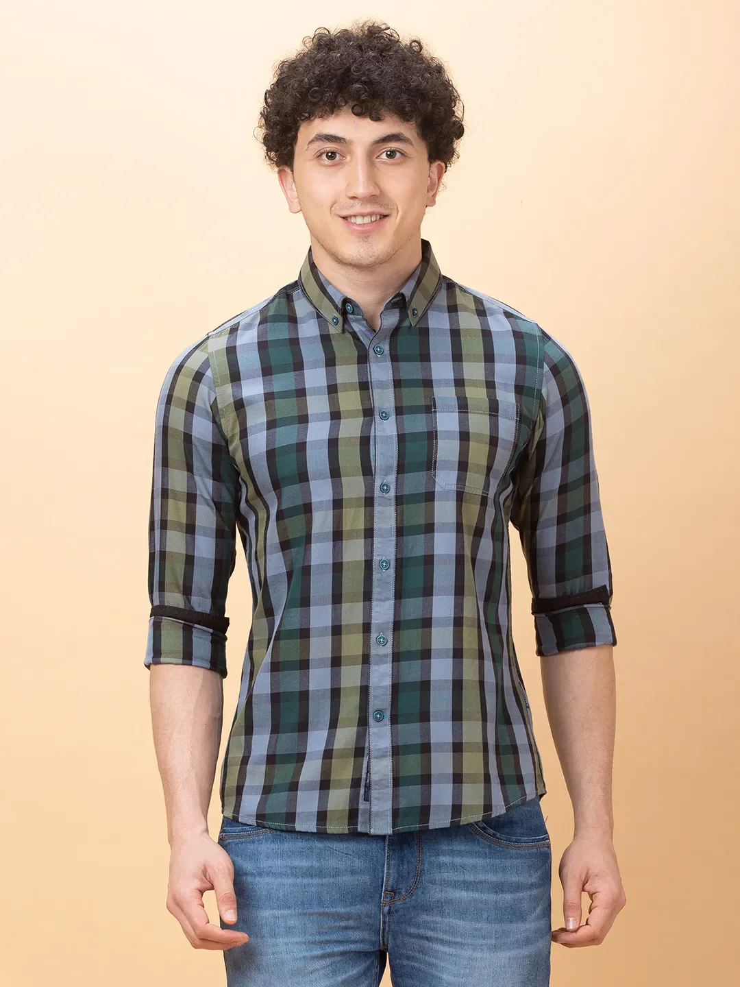 Green Slim Fit Regular Collar Men's Shirt by Being Human Clothing