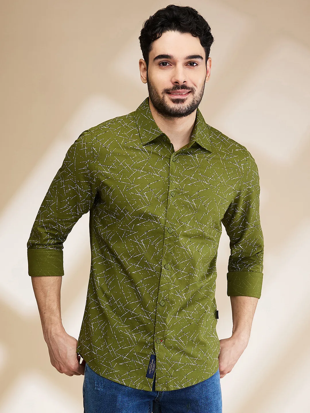 Green Slim Straight Fit Regular Collar Long Sleeves Men's Shirt by Being Human Clothing