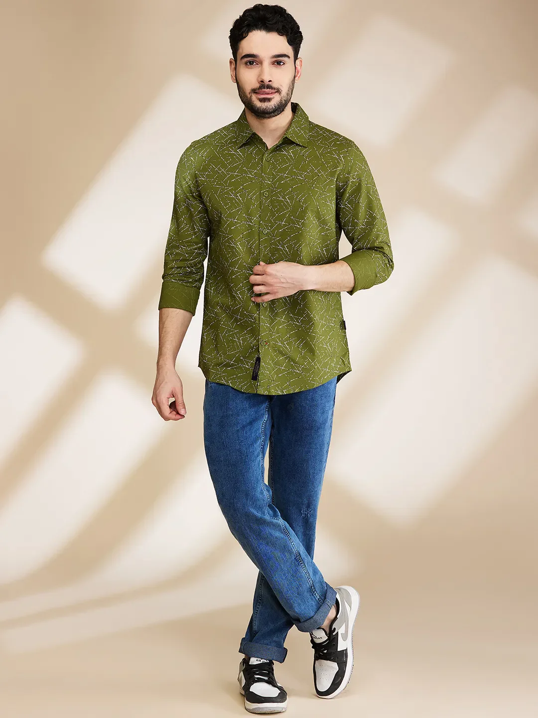 Green Slim Straight Fit Regular Collar Long Sleeves Men's Shirt by Being Human Clothing - Image 2