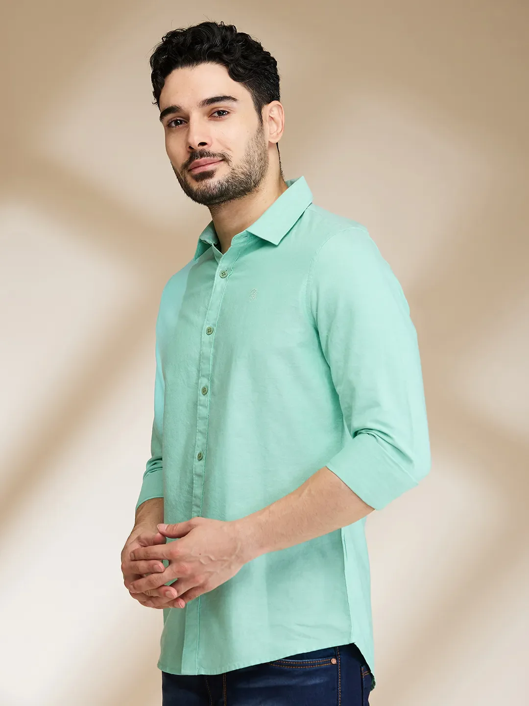 Green Slim Fit Regular Collar Men's Shirt by Being Human Clothing - Image 4