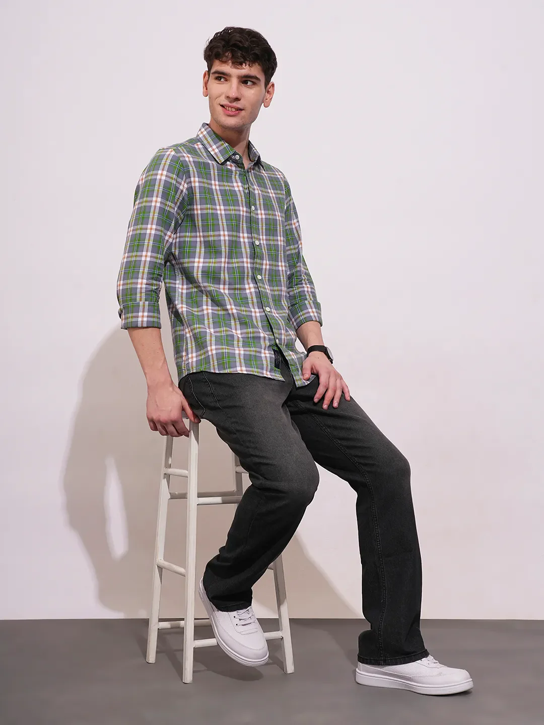 Green Slim Straight Fit Regular Collar Long Sleeves Men's Shirt by Being Human Clothing - Image 4