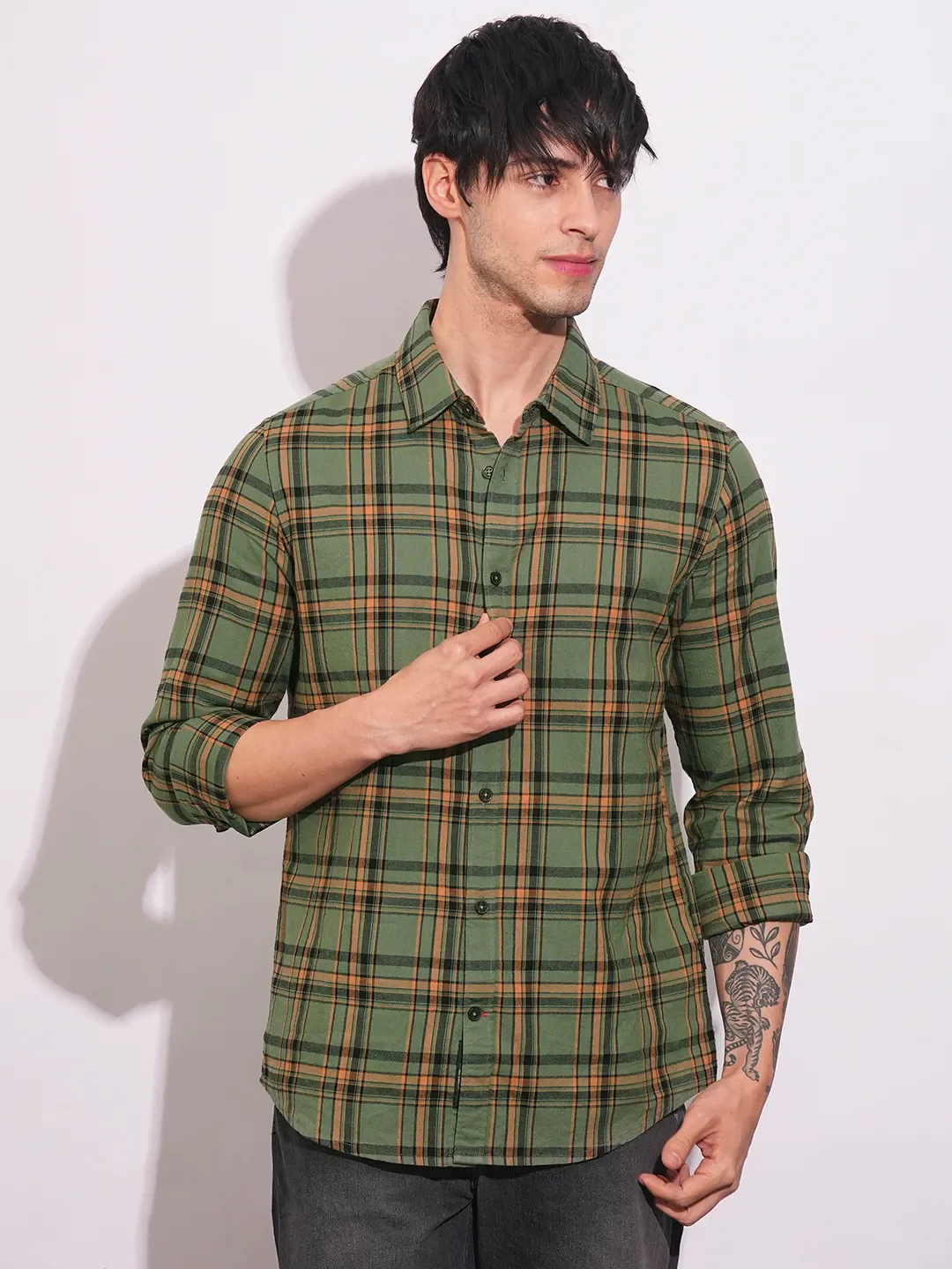 Green Slim Straight Fit Regular Collar Long Sleeves Men's Shirt by Being Human Clothing