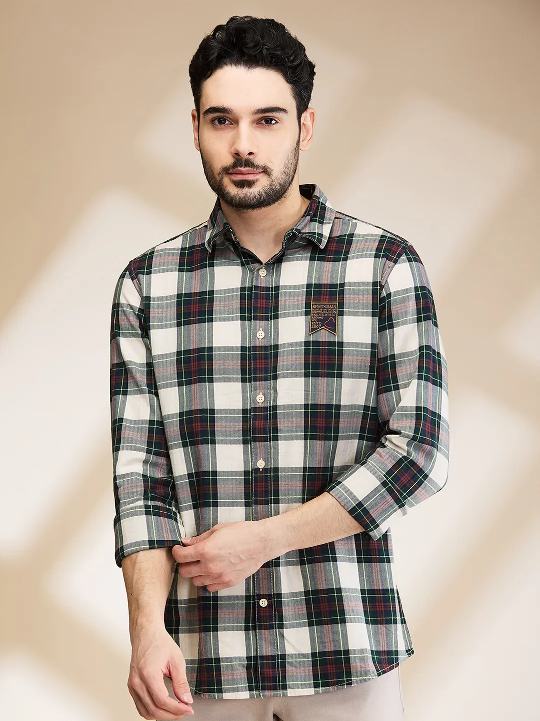Green Slim Straight Fit Regular Collar Long Sleeves Men's Shirt by Being Human Clothing