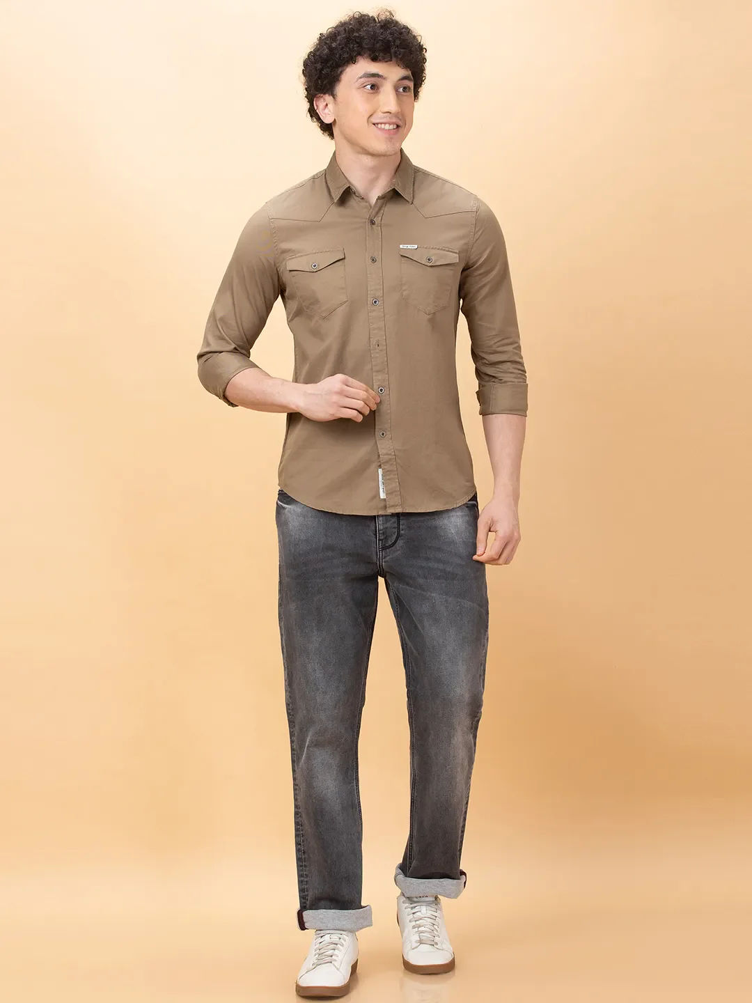 Khaki Slim Fit Regular Collar Men's Shirt by Being Human Clothing - Image 2