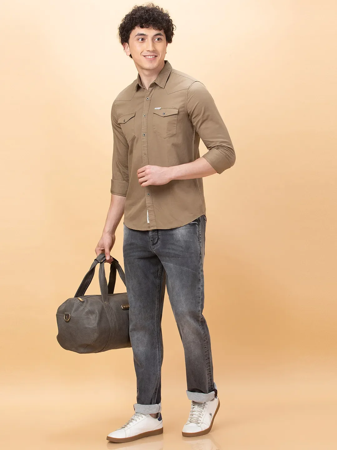 Khaki Slim Fit Regular Collar Men's Shirt by Being Human Clothing - Image 6