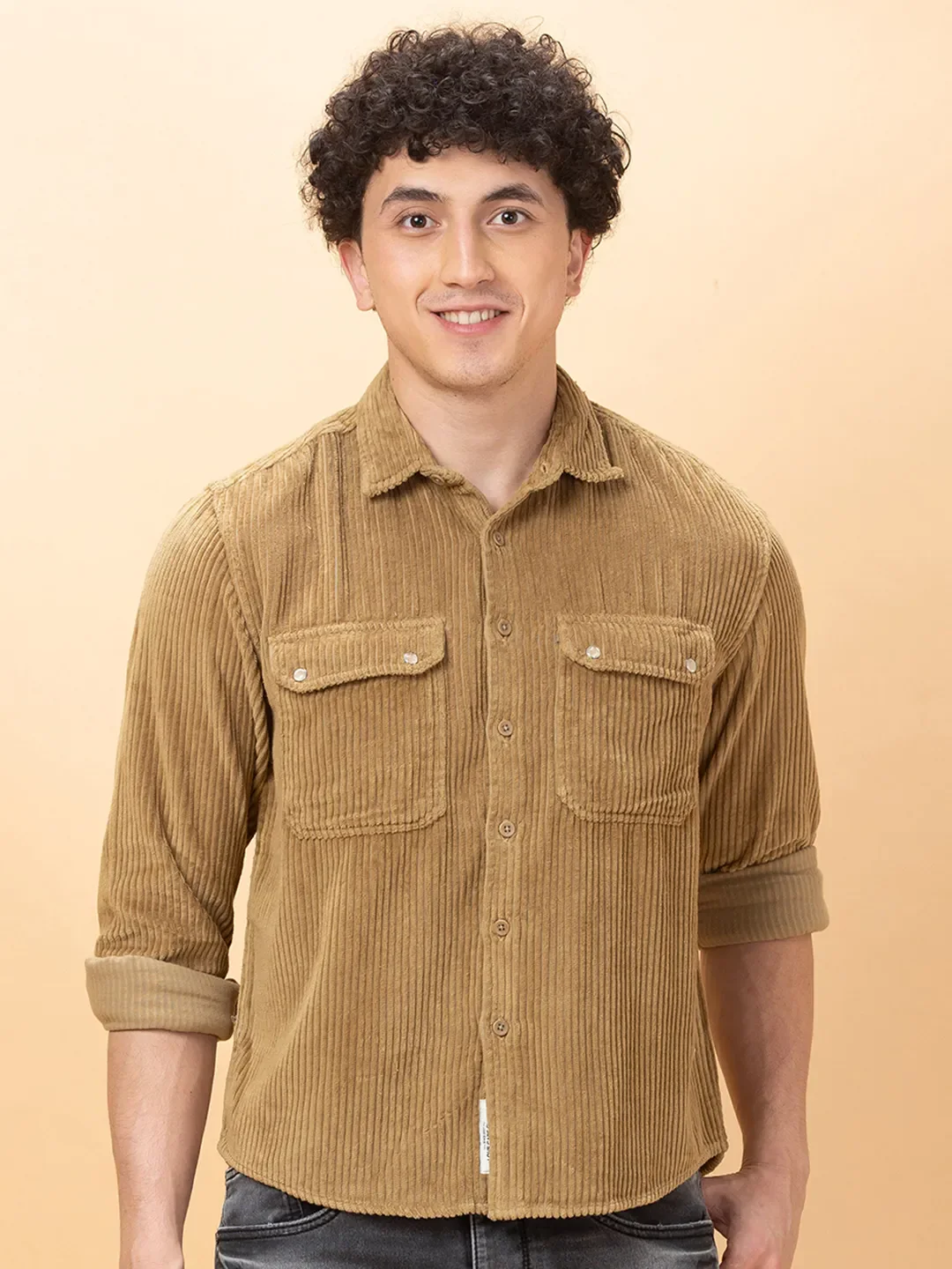 Khaki Slim Fit Regular Collar Men's Shirt by Being Human Clothing