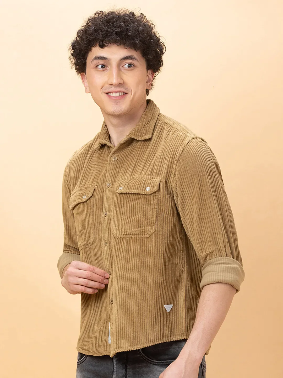 Khaki Slim Fit Regular Collar Men's Shirt by Being Human Clothing - Image 4