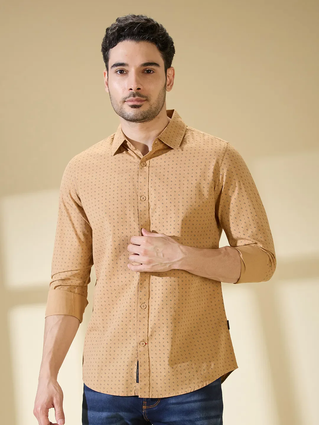 Khaki Slim Straight Fit Regular Collar Long Sleeves Men's Shirt by Being Human Clothing