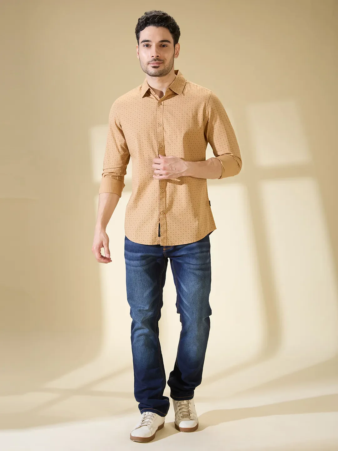 Khaki Slim Straight Fit Regular Collar Long Sleeves Men's Shirt by Being Human Clothing - Image 2