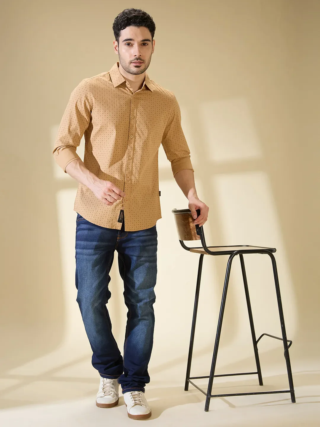 Khaki Slim Straight Fit Regular Collar Long Sleeves Men's Shirt by Being Human Clothing - Image 6