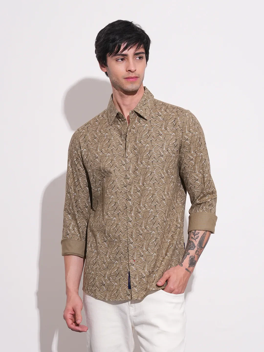 Khaki Slim Straight Fit Regular Collar Long Sleeves Men's Shirt by Being Human Clothing