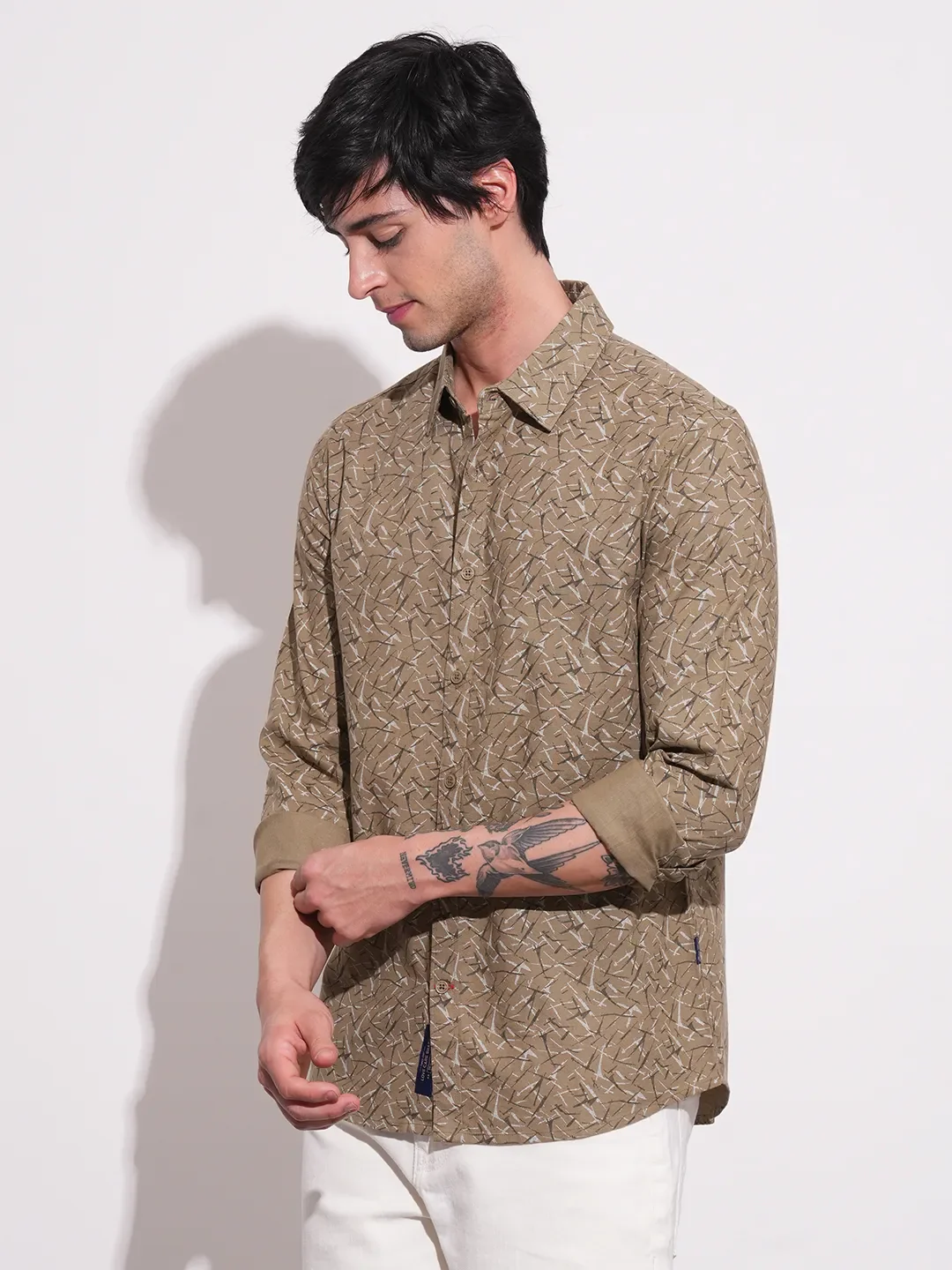 Khaki Slim Straight Fit Regular Collar Long Sleeves Men's Shirt by Being Human Clothing - Image 2