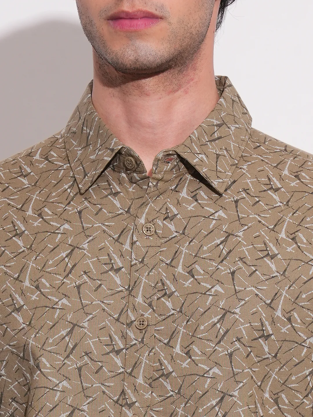 Khaki Slim Straight Fit Regular Collar Long Sleeves Men's Shirt by Being Human Clothing - Image 5