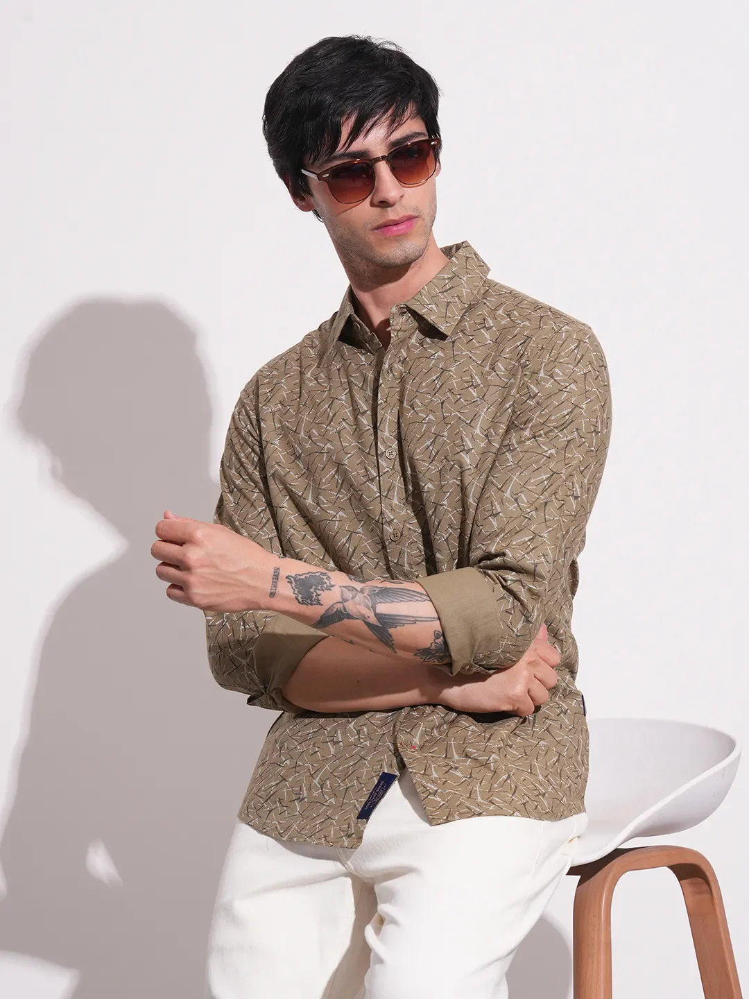 Khaki Slim Straight Fit Regular Collar Long Sleeves Men's Shirt by Being Human Clothing - Image 6