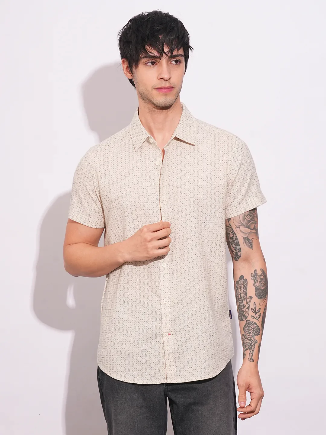 Khaki Slim Straight Fit Regular Collar Short Sleeves Men's Shirt by Being Human Clothing