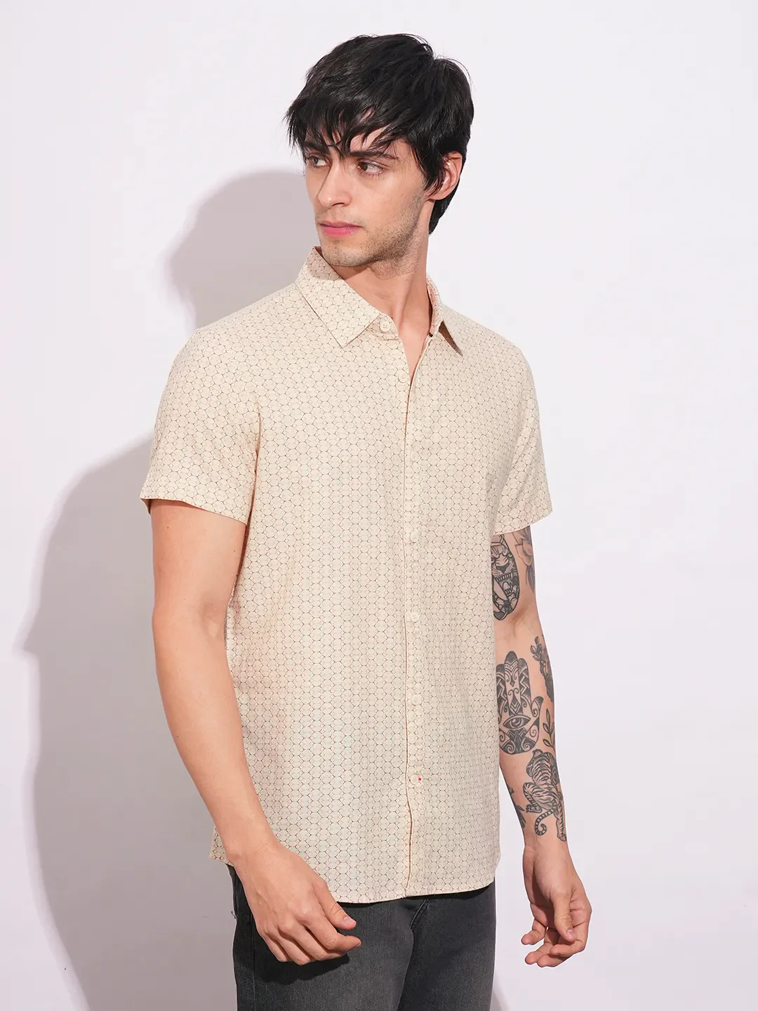 Khaki Slim Straight Fit Regular Collar Short Sleeves Men's Shirt by Being Human Clothing - Image 2