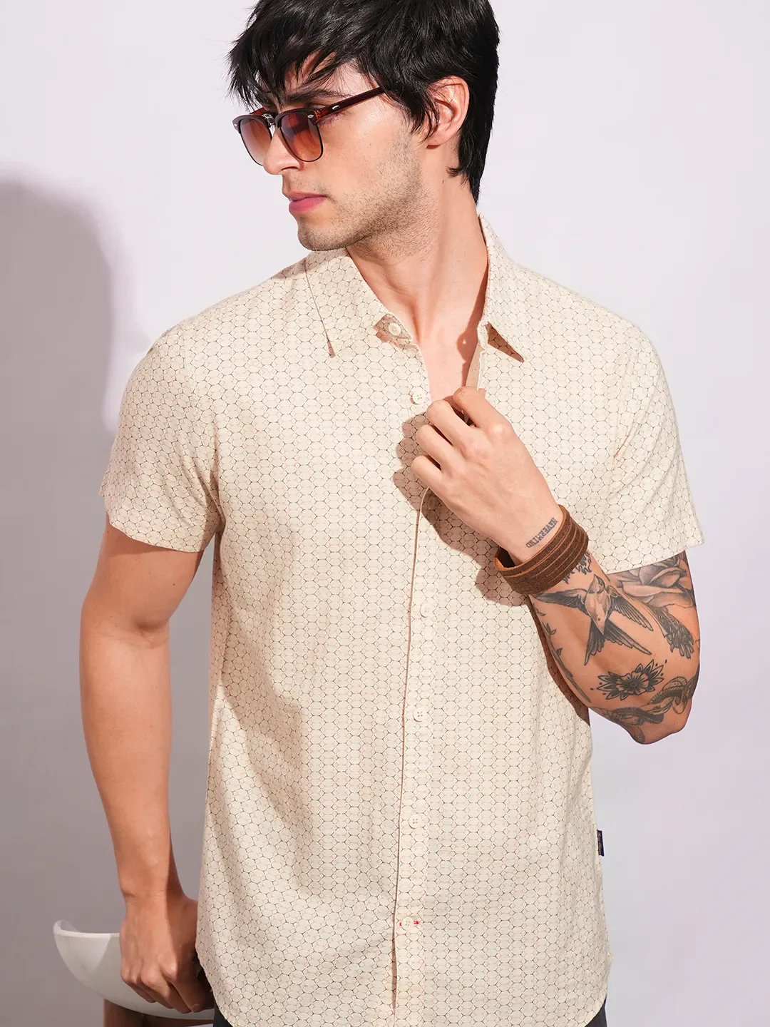 Khaki Slim Straight Fit Regular Collar Short Sleeves Men's Shirt by Being Human Clothing - Image 6