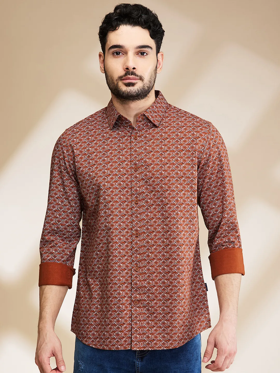 Brown Slim Straight Fit Regular Collar Long Sleeves Men's Shirt by Being Human Clothing