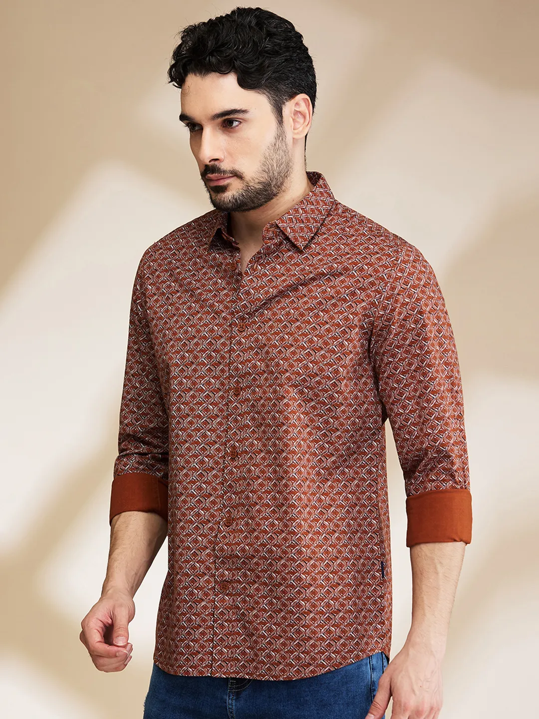 Brown Slim Straight Fit Regular Collar Long Sleeves Men's Shirt by Being Human Clothing - Image 4