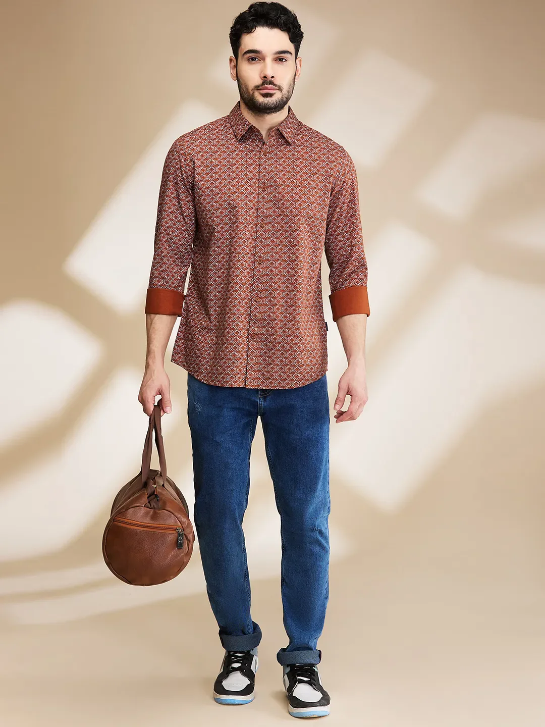 Brown Slim Straight Fit Regular Collar Long Sleeves Men's Shirt by Being Human Clothing - Image 6